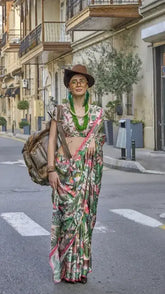 Pink and Green Contemporary Tropical Satin Georgette  Saree